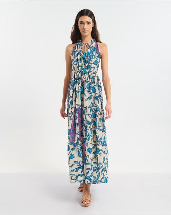 ΦΟΡΕΜΑ ΜΑΚΡΥ ΑΜΑΝΙΚΟ ΕΚΡΟΥ ΜΕ ΜΠΛΕ/ΧΡΥΣΑ ΛΟΥΛΟΥΔΙΑ ONE SIZE  (60% SILK 40% POLYESTER)