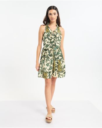 SLEEVELESS SHORT DRESS WITH COLLAR  IN  ECRU WITH GOLD/GREEN DETAILS ONE SIZE  (60% SILK 40% POLYESTER)