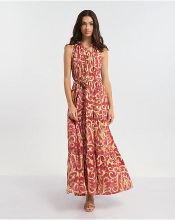 LONG SLEEVELESS DRESS WITH BUTTONS IN RED COLOR WITH GOLD DETEAILS ONE SIZE (60% SILK 40% POLYESTER)