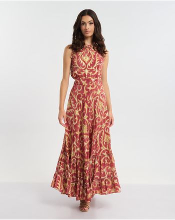 ΜΑΚΡΥ ΑΜΑΝΙΚΟ ΦΟΡΕΜΑ ΣΕ ΚΟΚΚΙΝΟ ΧΡΩΜΑ ΜΕ ΧΡΥΣΕΣ ΛΕΠΤΟΜΕΡΕΙΕΣ ONE SIZE (60% SILK 40% POLYESTER)