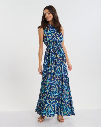 LONG ONE-SHOULDER DRESS BLUE WITH TURQUOISE/GOLD DETAILS ONE SIZE (60% SILK 40% POLYESTER)