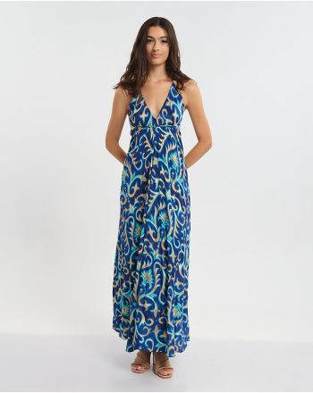 ΦΟΡΕΜΑ ΕΞΩΠΛΑΤΟ ΜΑΚΡΥ ΜΠΛΕ ΜΕ ΤΥΡΚΟΥΑΖ/ΧΡΥΣΕΣ ΛΕΠΤΟΜΕΡΕΙΕΣ ONE SIZE  (60% SILK 40% POLYESTER)