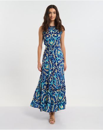 LONG SLEEVELESS DRESS BLUE WITH TURQUOISE/GOLD DETAILS ONE SIZE  (60% SILK 40% POLYESTER)