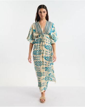 ΦΟΡΕΜΑ ΜΑΚΡΥ ΜΕ 3/4 ΜΑΝΙΚΙ  ΕΚΡΟΥ ΜΕ ΜΠΛΕ ΜΟΤΙΒΟ ONE SIZE (60% SILK 40% POLYESTER)