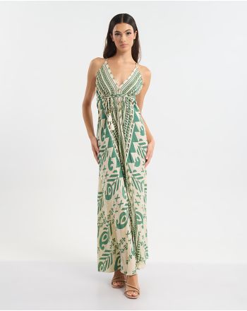 ΦΟΡΕΜΑ ΕΞΩΠΛΑΤΟ ΜΑΚΡΥ ΕΚΡΟΥ ΜΕ ΠΡΑΣΙΝΟ ΜΟΤΙΒΟ ONE SIZE (60% SILK 40% POLYESTER)