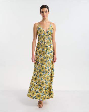 LONG BACKLESS DRESS IN ECRU WITH GOLD  ''FLOWER'' PATTERN AND BLUE DETAILS  ONE SIZE (60% SILK 40% POLYESTER)