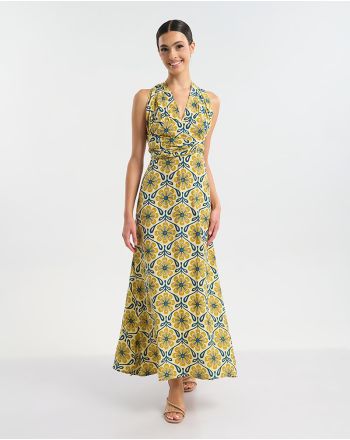 ΦΟΡΕΜΑ ΜΑΚΡΥ ΠΟΛΥΜΟΡΦΙΚΟ ΕΚΡΟΥ ΜΕ ΧΡΥΣΑ ΛΟΥΛΟΥΔΙΑ ΚΑΙ ΜΠΛΕ ΛΕΠΤΟΜΕΡΕΙΕΣ ONE SIZE  (60% SILK 40% POLYESTER)