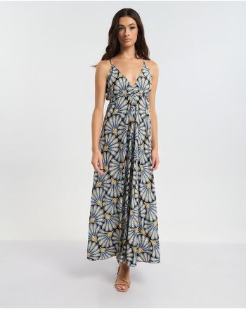 ΦΟΡΕΜΑ  ΜΑΚΡΥ ΕΞΩΠΛΑΤΟ ΣΕ  ΜΠΛΕ ΜΕ ΧΡΥΣΑ ΦΥΛΛΑ ONE SIZE (60% SILK 40% POLYESTER)