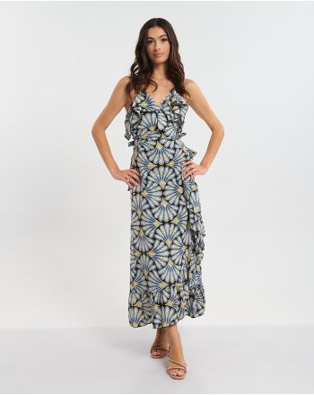 LONG WRAP DRESS IN BLUE WITH GOLD LEAVES ONE SIZE (60% SILK 40% POLYESTER)