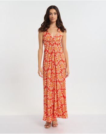 ΦΟΡΕΜΑ ΜΑΚΡΥ ΕΞΩΠΛΑΤΟ ΣΕ ΠΟΡΤΟΚΑΛΙ/ΚΟΚΚΙΝΟ/ΛΕΥΚΟ ΜΕ ΧΡΥΣΕΣ ΛΕΠΤΟΜΕΡΕΙΕΣ ONE SIZE  (60% SILK 40% POLYESTER)