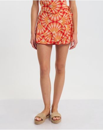 ΚΟΝΤΗ ΦΟΥΣΤΑ ΔΕΤΗ ΣΕ ΠΟΡΤΟΚΑΛΙ/ΚΟΚΚΙΝΟ/ΛΕΥΚΟ ΜΕ ΧΡΥΣΕΣ ΛΕΠΤΟΜΕΡΕΙΕΣ M/L  (60% SILK 40% POLYESTER)