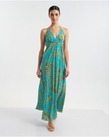 ΦΟΡΕΜΑ ΜΑΚΡΥ ΕΞΩΠΛΑΤΟ ΤΥΡΚΟΥΑΖ/ΧΡΥΣΟ ΜΕ ΑΡΧΑΙΟΕΛΛΗΝΙΚΟ ΥΦΟΣ ONE SIZE  (60% SILK 40% POLYESTER)