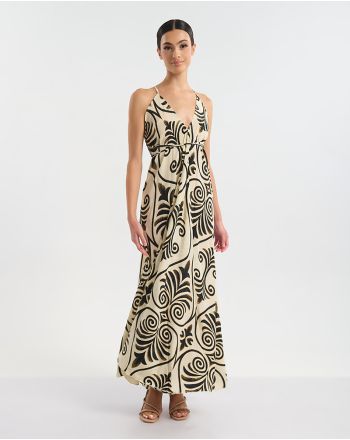 ΦΟΡΕΜΑ ΜΑΚΡΥ ΕΞΩΠΛΑΤΟ ΕΚΡΟΎ ΜΕ ΜΑΥΡΕΣ/ΧΡΥΣΕΣ ΛΕΠΤΟΜΕΡΕΙΕΣ ONE SIZE (60% SILK 40% POLYESTER)