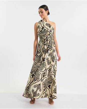 ΦΟΡΕΜΑ ΜΑΚΡΥ ΜΕ 1 ΩΜΟ ΕΚΡΟΎ ΜΕ ΜΑΥΡΕΣ/ΧΡΥΣΕΣ ΛΕΠΤΟΜΕΡΕΙΕΣ ONE SIZE  (60% SILK 40% POLYESTER)