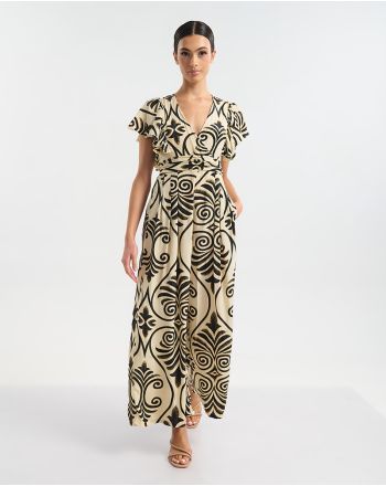 ΟΛΟΣΩΜΗ ΦΟΡΜΑ ΜΑΚΡΙΑ ΜΕ ΚΟΝΤΟ ΜΑΝΙΚΙ ΕΚΡΟΎ ΜΕ ΜΑΥΡΕΣ/ΧΡΥΣΕΣ ΛΕΠΤΟΜΕΡΕΙΕΣ ONE SIZE  (60% SILK 40% POLYESTER)