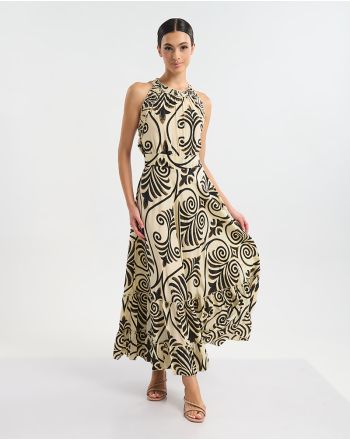 ΦΟΡΕΜΑ ΜΑΚΡΥ ΑΜΑΝΙΚΟ ΕΚΡΟΎ ΜΕ ΜΑΥΡΕΣ/ΧΡΥΣΕΣ ΛΕΠΤΟΜΕΡΕΙΕΣ ONE SIZE (60% SILK 40% POLYESTER)