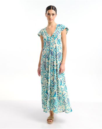 ΚΑΦΤΑΝΙ ΜΑΚΡΥ ΛΕΥΚΟ ΜΕ ΜΠΛΕ/ ΤΙΡΚΟΥΑΖ ΣΧΕΔΙΑ ONE SIZE (100% COTTON)