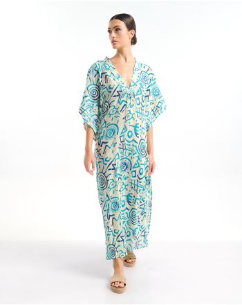 ΦΟΡΕΜΑ ΜΑΚΡΥ ΚΟΝΤΟΜΑΝΙΚΟ ΛΕΥΚΟ ΜΕ ΜΠΛΕ/ ΤΙΡΚΟΥΑΖ ΣΧΕΔΙΑ ONE SIZE  (100% COTTON)