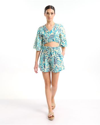 ΤΟΠ ΚΟΝΤΟ ΜΕ 3/4 ΜΑΝΙΚΙ ΛΕΥΚΟ ΜΕ ΜΠΛΕ/ ΤΙΡΚΟΥΑΖ ΣΧΕΔΙΑ ONE SIZE  (100% COTTON)