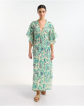 ΦΟΡΕΜΑ ΜΑΚΡΥ ΚΟΝΤΟΜΑΝΙΚΟ ΛΕΥΚΟ ΜΕ ΠΡΑΣΙΝΑ/ ΤΙΡΚΟΥΑΖ ΣΧΕΔΙΑ ONE SIZE  (100% COTTON)