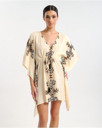 SHORT KAFTAN IN ECRU COLOR WITH GEOMETRICAL PRINTS ONE SIZE (100% RAYON)