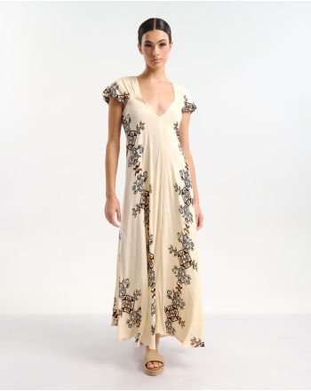 LONG DRESS WITH SHORT SLEEVES IN ECRU COLOR WITH GEOMETRICAL PRINTS ONE SIZE (100% RAYON)