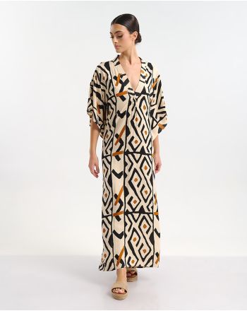 LONG KAFTAN IN BEIGE/BLACK COLOR WITH PRINTS ONE SIZE (100% RAYON)