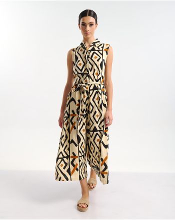 LONG JUMPSUIT IN BEIGE/BLACK COLOR WITH PRINTS ONE SIZE (100% RAYON)