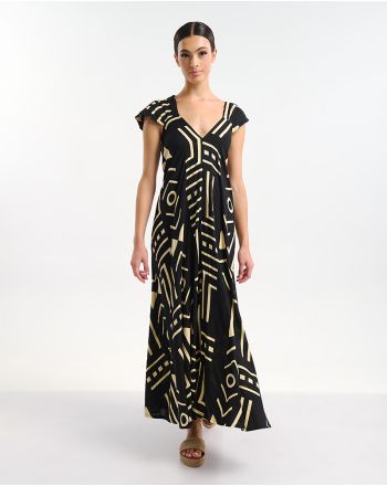 LONG KAFTAN IN BLACK COLOR WITH GEOMETRICAL PRINTS ONE SIZE (100% RAYON)