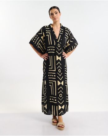 LONG DRESS WITH SHORT SLEEVES IN BLACK COLOR WITH GEOMETRICAL PRINTS ONE SIZE (100% RAYON)