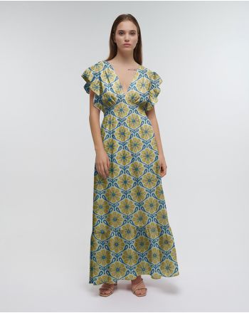 ΦΟΡΕΜΑ ΜΑΚΡΥ ΜΕ ΚΟΝΤΟ ΜΑΝΙΚΙ ΕΚΡΟΥ ΜΕ ΧΡΥΣΑ ΛΟΥΛΟΥΔΙΑ ΚΑΙ ΜΠΛΕ ΛΕΠΤΟΜΕΡΕΙΕΣ ONE SIZE  (60% SILK 40% POLYESTER)