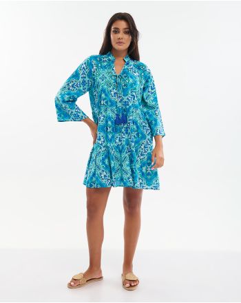 SHORT DRESS IN TURQUOISE/BLUE COLOR WITH EMBROIDERY DETAILS AND BEADS ONE SIZE (100% COTTON)