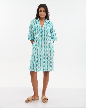 ΚΑΦΤΑΝΙ/ΠΟΥΚΑΜΙΣΑ ΚΟΝΤΗ ΓΑΛΑΖΙΟ/ΠΡΑΣΙΝΟ/ΛΕΥΚΟ ΜΕ ΚΕΝΤΗΤΕΣ ΛΕΠΤΟΜΕΡΕΙΕΣ ΚΑΙ ΧΑΝΤΡΕΣ ONE SIZE (100% COTTON)