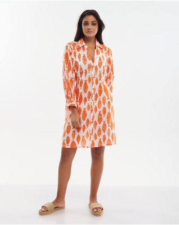 ΦΟΡΕΜΑ ΚΟΝΤΟ/ΠΟΥΚΑΜΙΣΑ ΠΟΡΤΟΚΑΛΙ/ΛΕΥΚΟ ''ΨΑΡΙΑ'' ΜΕ ΚΕΝΤΗΤΕΣ ΛΕΠΤΟΜΕΡΕΙΕΣ ΚΑΙ ΧΑΝΤΡΕΣ ONE SIZE (100% COTTON)