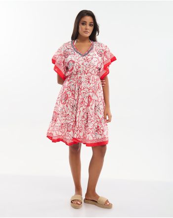 ΦΟΡΕΜΑ ΚΟΝΤΟ ΚΟΚΚΙΚΟ/ΛΕΥΚΟ ''ΚΟΡΑΛΙΑ'' ΜΕ ΚΕΝΤΗΤΕΣ ΛΕΠΤΟΜΕΡΕΙΕΣ ΚΑΙ ΧΑΝΤΡΕΣ ONE SIZE (100% COTTON)