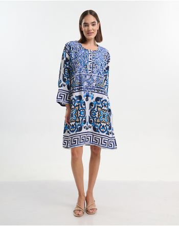 TUNIC ΛΕΥΚΟ ΜΕ ΜΠΛΕ/ΧΡΥΣΑ ΜΟΤΙΒΑ M/L ( 28% SILK / 72% POLYESTER)