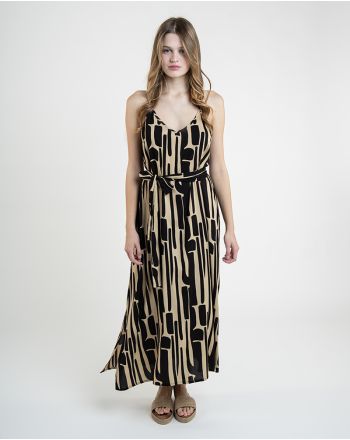 ΦΟΡΕΜΑ ΑΜΑΝΙΚΟ ΣΕ ΜΠΕΖ ΧΡΩΜΑ ΜΕ ΜΑΥΡΑ ΣΧΕΔΙΑ ΚΑΙ ΖΩΝΗ ONE SIZE  (100% RAYON)