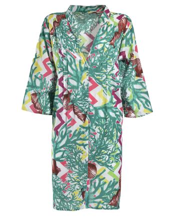SHORT DRESS/KAFTAN WITH 3/4 SLEEVES IN GREEN COLOR WITH CORALS L/XL (100% COTTON)