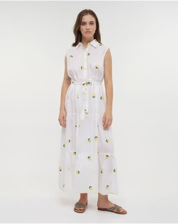 LONG SLEEVELESS DRESS IN WHITE COLOR WITH LEMONS AND BELT ONE SIZE (100% COTTON)