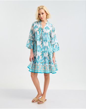 ΚΟΝΤΟ ΦΟΡΕΜΑ ΣΕ ΛΕΥΚΌ ΜΕ ΓΑΛΑΖΙΟΥΣ ''ΦΟΙΝΙΚΕΣ'' ONE SIZE ( 100% COTTON)