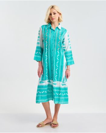 LONG DRESS TURQUOISE/WHITE WITH PATTERNS ONE SIZE (100% COTTON)