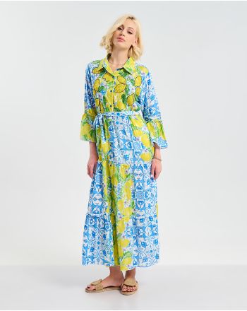 ΦΟΡΕΜΑ ΜΑΚΡΥ ΜΠΛΕ/ΛΕΥΚΌ ΜΕ ΚΊΤΡΙΝΕΣ/ΠΡΑΣΙΝΕΣ ΛΕΠΤΟΜΕΡΕΙΕΣ S/M ( 100% COTTON)