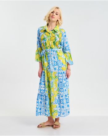 ΦΟΡΕΜΑ ΜΑΚΡΥ ΜΠΛΕ/ΛΕΥΚΌ ΜΕ ΚΊΤΡΙΝΕΣ/ΠΡΑΣΙΝΕΣ ΛΕΠΤΟΜΕΡΕΙΕΣ L/XL ( 100% COTTON)