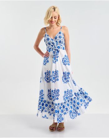 ΦΟΡΕΜΑ ΜΑΚΡΥ ΛΕΥΚΌ ΜΕ ΤΙΡΑΝΤΕΣ ΜΕ ΜΠΛΕ ''ΚΟΧΥΛΙΑ'' ONE SIZE ( 100% COTTON)