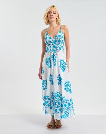 ΦΟΡΕΜΑ ΜΑΚΡΥ ΛΕΥΚΌ ΜΕ ΤΙΡΑΝΤΕΣ ΜΕ ΓΑΛΑΖΙΟ ''ΚΟΧΥΛΙΑ'' ONE SIZE ( 100% COTTON)