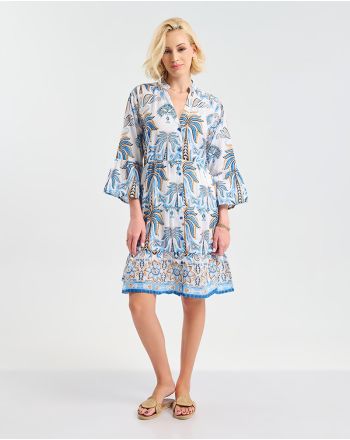 ΚΟΝΤΟ ΦΟΡΕΜΑ ΣΕ ΛΕΥΚΌ/ΜΠΛΕ ΜΕ ''ΦΟΙΝΙΚΕΣ'' ONE SIZE ( 100% COTTON)