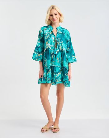 KAFTAN/DRESS IN TURQUOISE /GOLD WITH TASSELS S/M ( 100% COTTON)