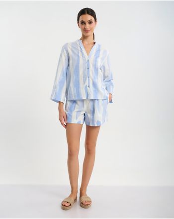 ΚΟΝΤΟΜΑΝΙΚΟ ΠΟΥΚΑΜΙΣΟ ΛΕΥΚΌ/ΓΑΛΑΖΙΟ ONE SIZE ( 30% LINEN 70% COTTON)