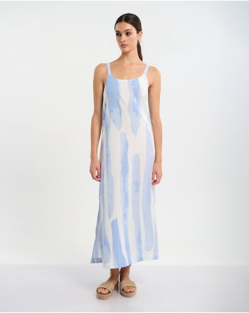 ΜΑΚΡΥ ΑΜΑΝΙΚΟ ΦΟΡΕΜΑ ΣΕ ΛΕΥΚΌ/ΓΑΛΑΖΙΟ ONE SIZE ( 30% LINEN 70% COTTON