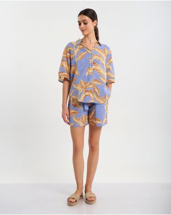 ΠΟΥΚΑΜΙΣΟ ΚΟΝΤΟΜΑΝΙΚΟ ΣΕ ΜΠΛΕ ΧΡΩΜΑ ΜΕ ΜΠΕΖ ''ΦΥΛΛΑ'' ONE SIZE ( 100% COTTON)